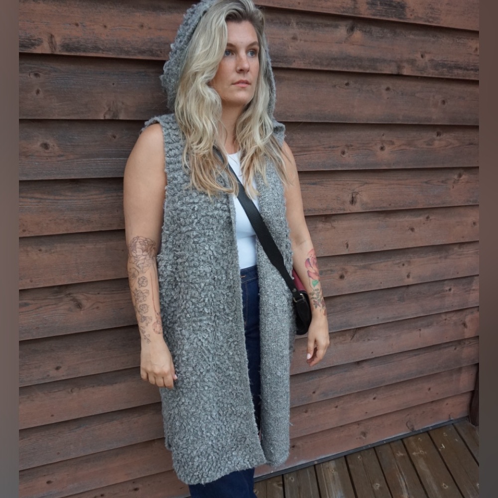 CLICHE Couture Knit Sweater Vest - Grey Knee Length and Hooded